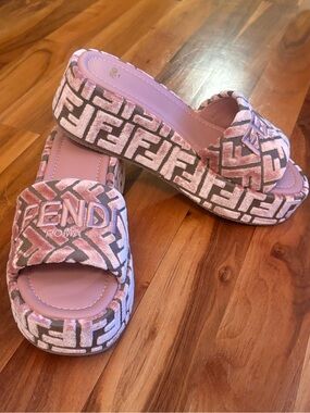 Fendi Sunshine FF Chenille Jacquard Platform Sandals, NEW